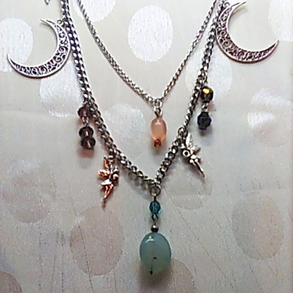 Double Charm Necklace Fairies Crescent Moons Feathers Handcrafted Boho New